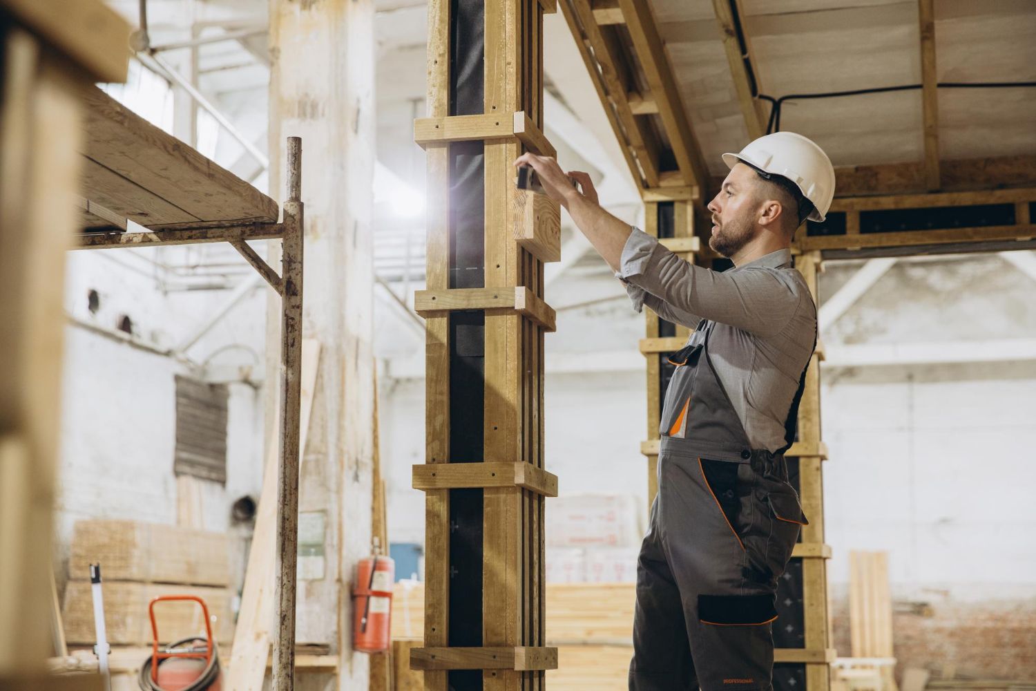 Carpenter checking a wood framed wall