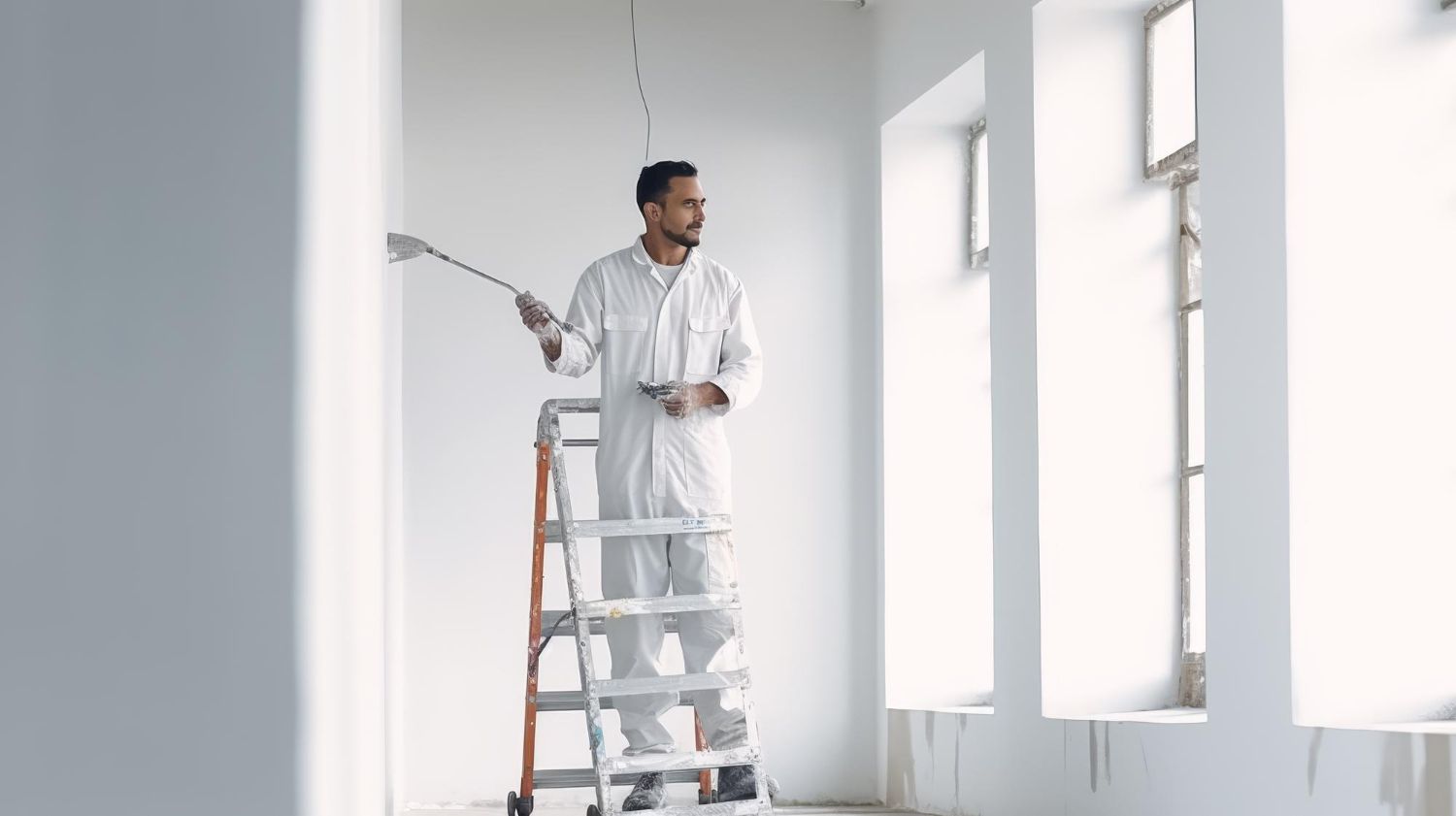 Painting a bright white room from a ladder